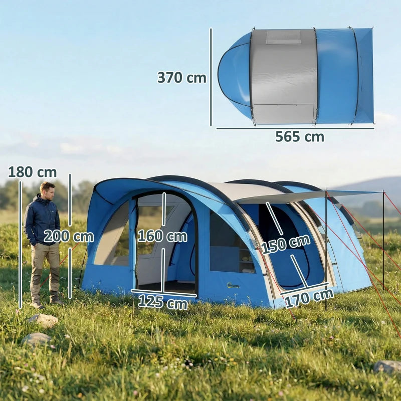 Sky blue and grey tunnel camping tent with two front openings and side sections