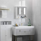 White bathroom wall storage cabinet with open mirrored shelf storage above a vanity