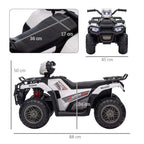 Kids ride-on ATV in white with black seat, wheels, and front/rear size measurements.