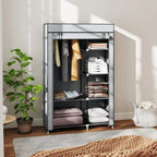 Light grey fabric wardrobe with open doors, hanging rail, and stacked folded items