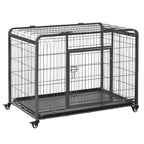 Dark grey metal dog kennel with front door and wire walls, removable tray, rolling wheels