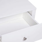 White bedside table drawer opening and open shelf, close-up view.