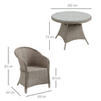 Grey round rattan dining table and armchair with size guide markings