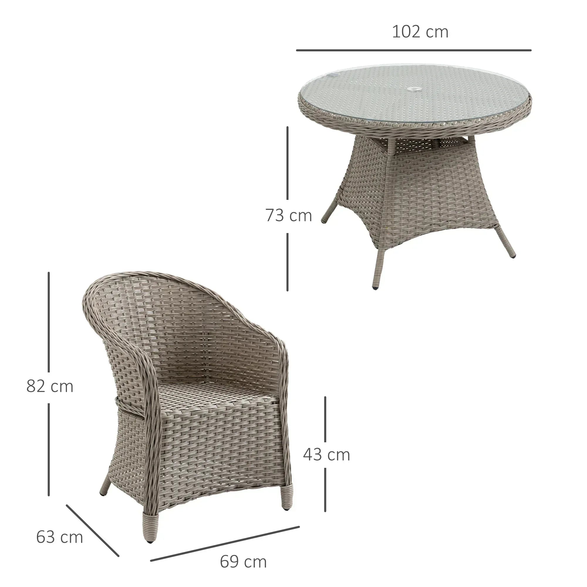 4 Seater Rattan Garden Furniture Set with Cushions, Round PE Rattan Dining Set with Glass-Top Table, Umbrella Hole, Outdoor Garden Table and Chairs, Mixed Grey - Bobobiy