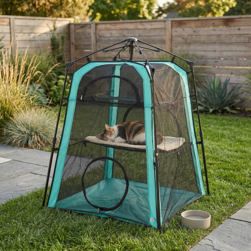 Teal and black 3-tier cat tent with mesh panels and circular front door in a yard