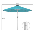 Blue patio umbrella with aluminum pole; size diagram shows umbrella and pole dimensions