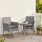 Outdoor dark grey PE rattan bistro set with two armchairs and a two-tier glass table