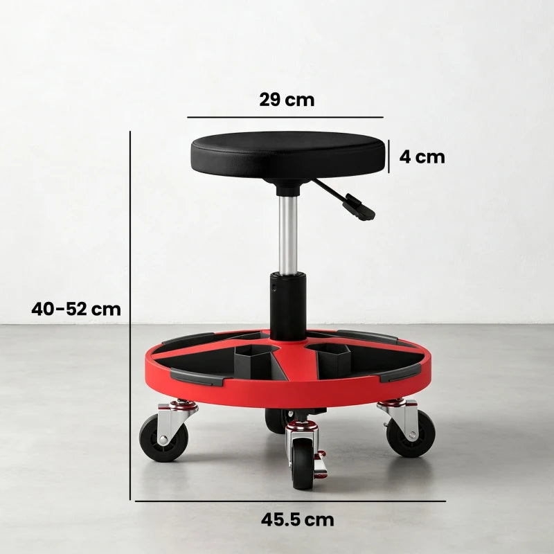 Black padded height-adjustable rolling stool with red circular tray and caster wheels