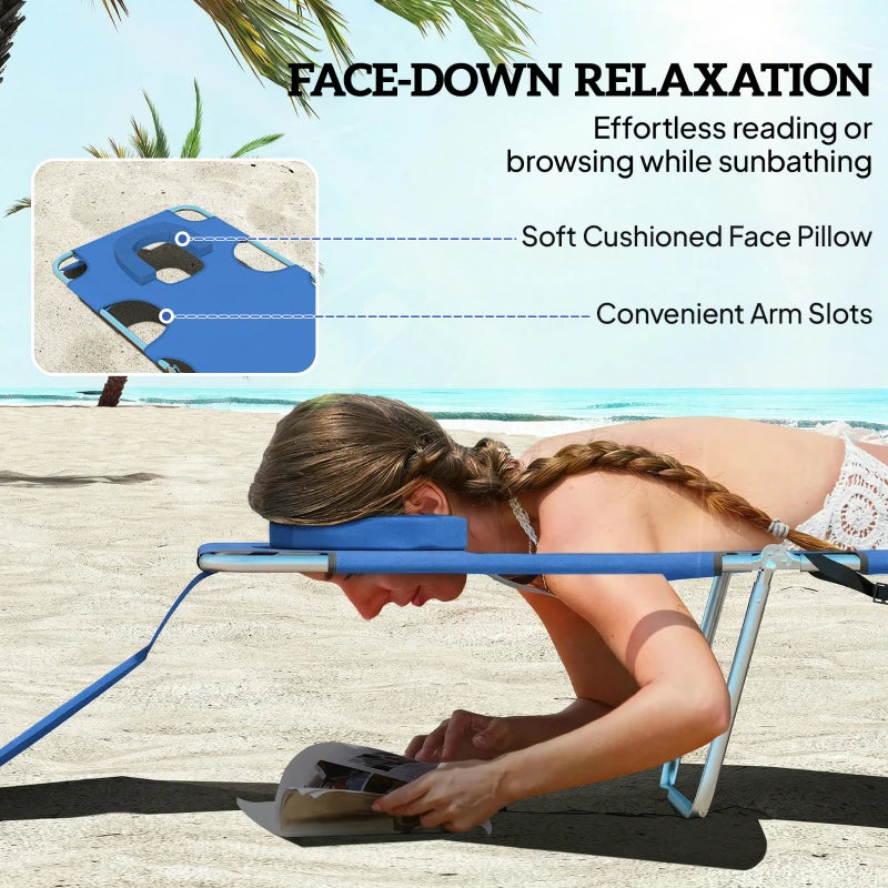 Blue sun lounger with soft face pillow, arm slots, and side pocket