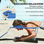 Blue sun lounger with soft face pillow, arm slots, and side pocket