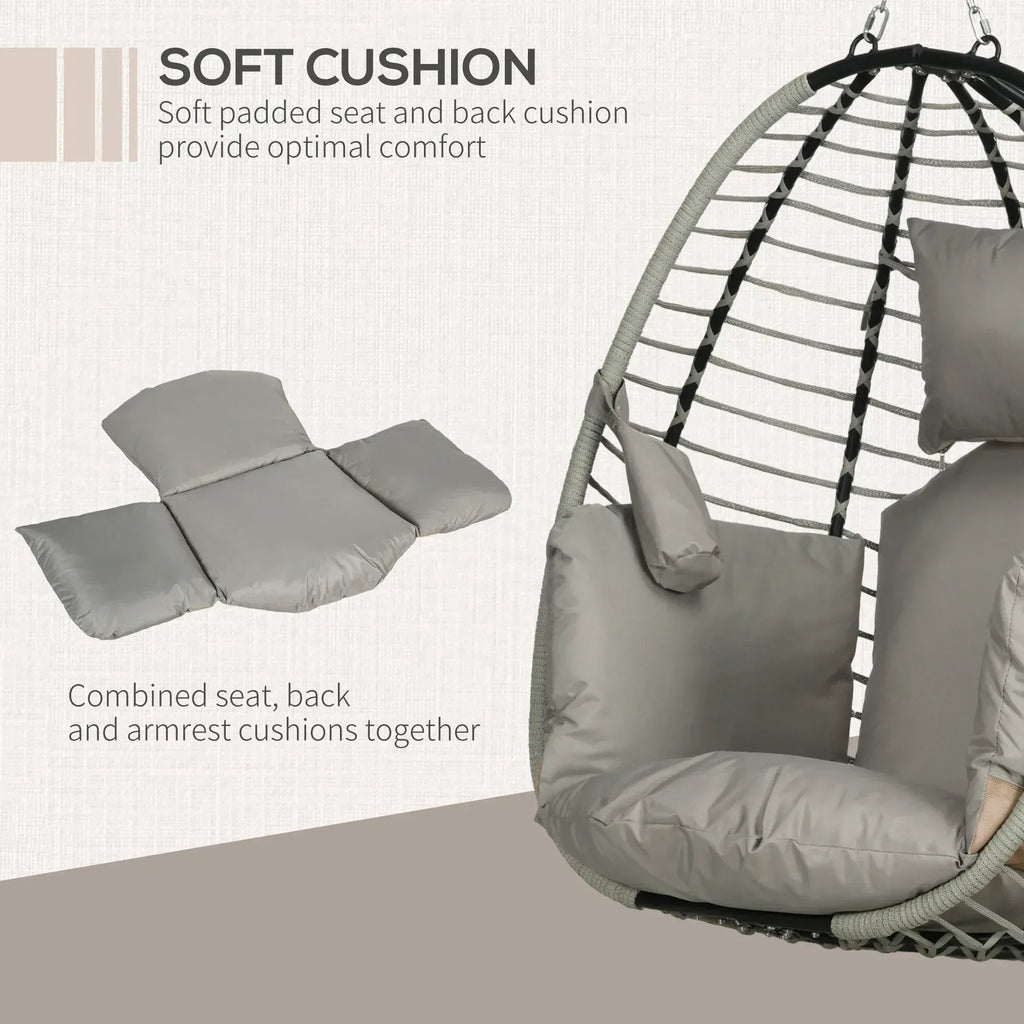 Single Rattan Hanging Egg Chair, with Seat Cushion - Grey - Bobobiy