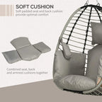 Grey hanging egg chair with soft padded seat, back, and armrest cushions set
