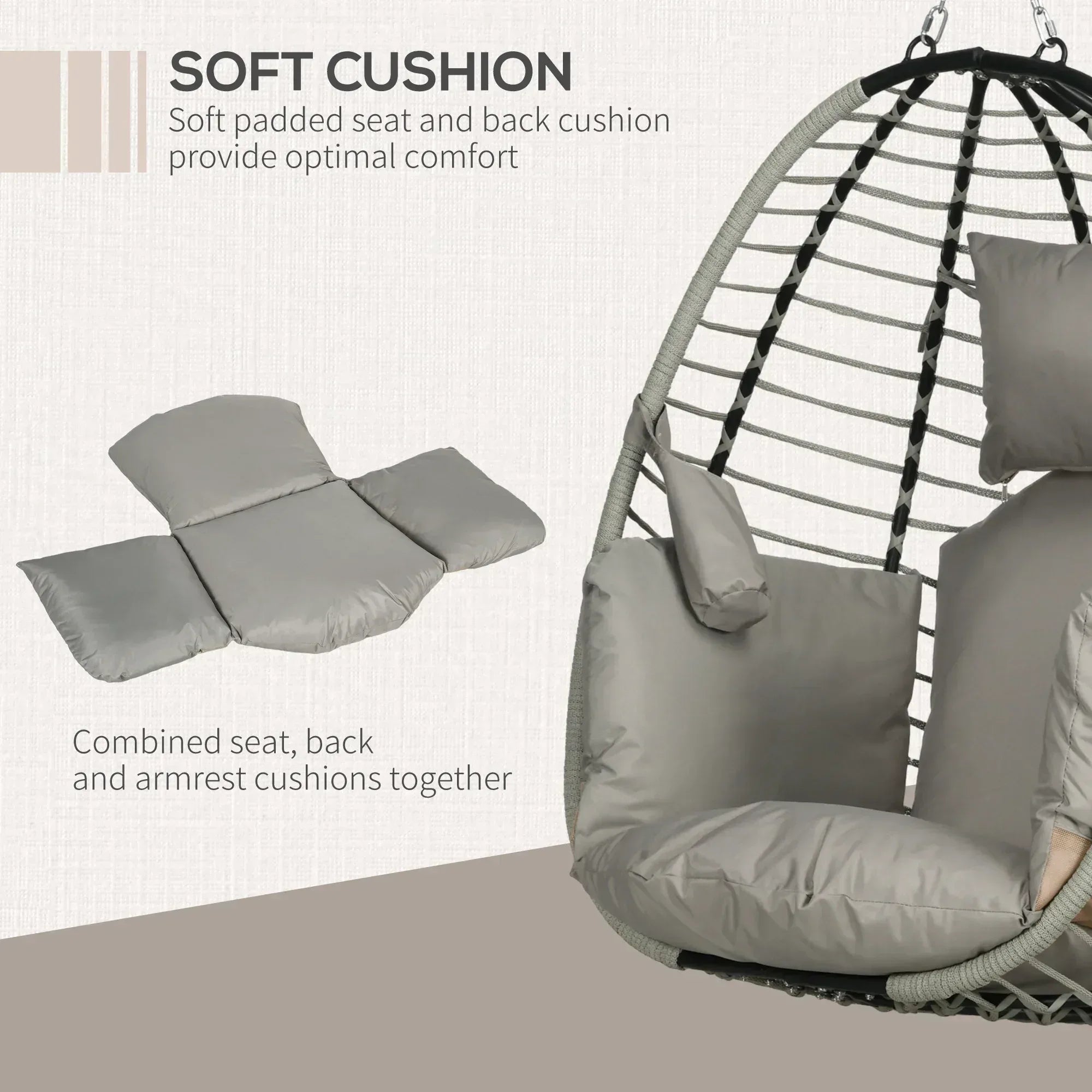 Single Rattan Hanging Egg Chair, with Seat Cushion - Grey - Bobobiy