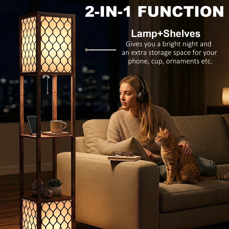 Floor lamp with integrated shelves, rustic brown frame, and warm lattice light panels