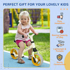 Children's balance bike with black seat and handlebars, used outdoors by a child