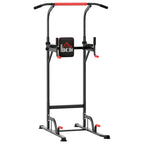 Black power tower with red pull-up bar, dip handles, and padded back support