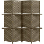 4-panel freestanding privacy screen divider with shelves, brown woven wave fibre weave