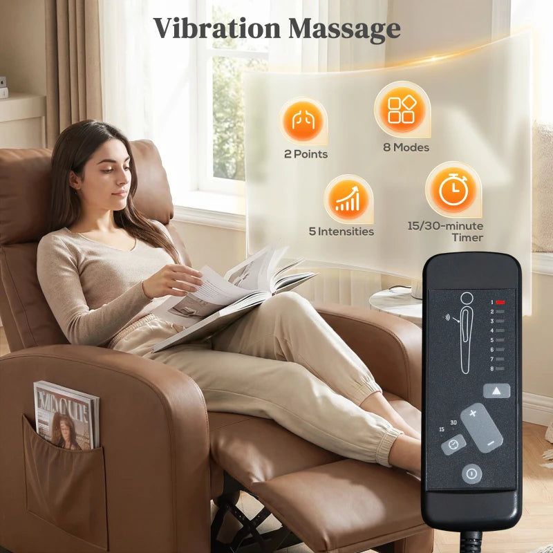 Dark brown massage recliner armchair with side pocket and handheld remote