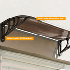 Brown door canopy awning close-up with anti-rust aluminium bar and heavy-duty bracket