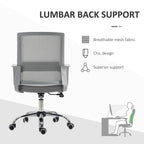 Grey mesh office chair featuring lumbar back support and padded seat on caster base