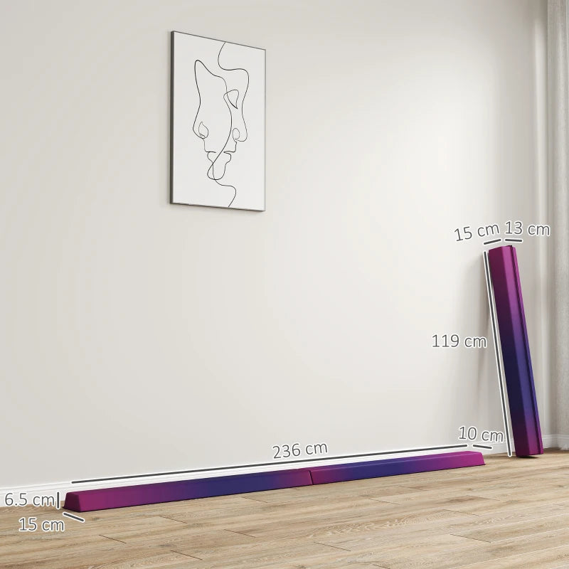 Purple folding gymnastics beam with anti-slip base and hinged sections