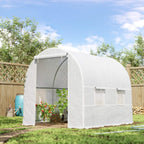 White arched greenhouse tent with mesh windows and roll-up front door