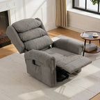 Dark grey power lift recliner chair with open base and extended footrest