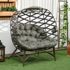 Outdoor egg chair with gray tufted cushion and dark woven basket-style frame
