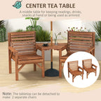 Tan brown wooden center tea table with two matching slatted chairs for outdoor use