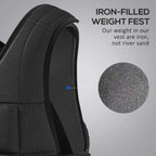 Black weighted vest side view with thick shoulder support and quilted padding