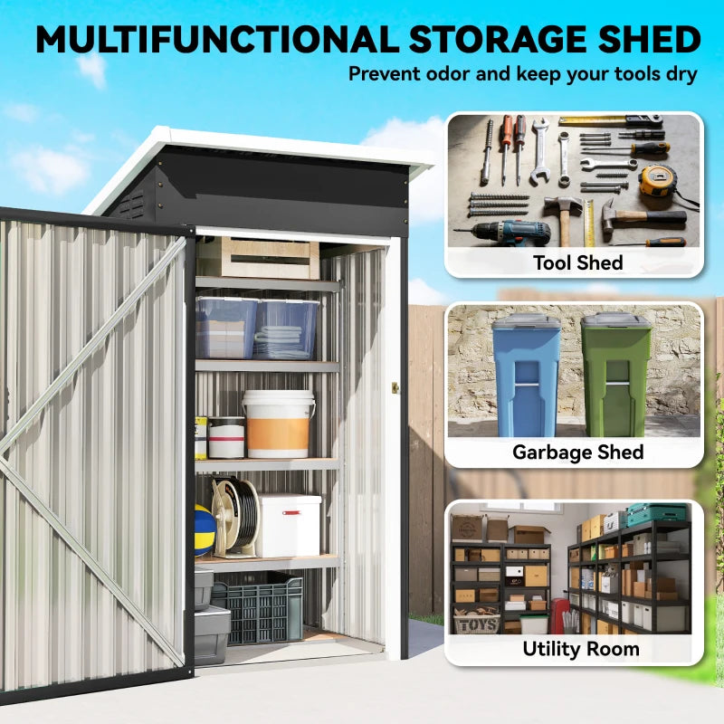 Open outdoor storage shed with shelving and dark gray metal side panels