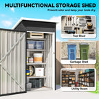 Open outdoor storage shed with shelving and dark gray metal side panels