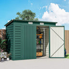 Green metal storage shed with one side door open, showing interior shelving and items