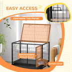 Black dog crate with openable top panel and detachable front door