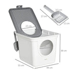 White enclosed litter box with open lid, round front door, and high side walls