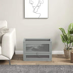 Grey wooden hamster cage hutch with mesh top and two-tier interior shelves in room
