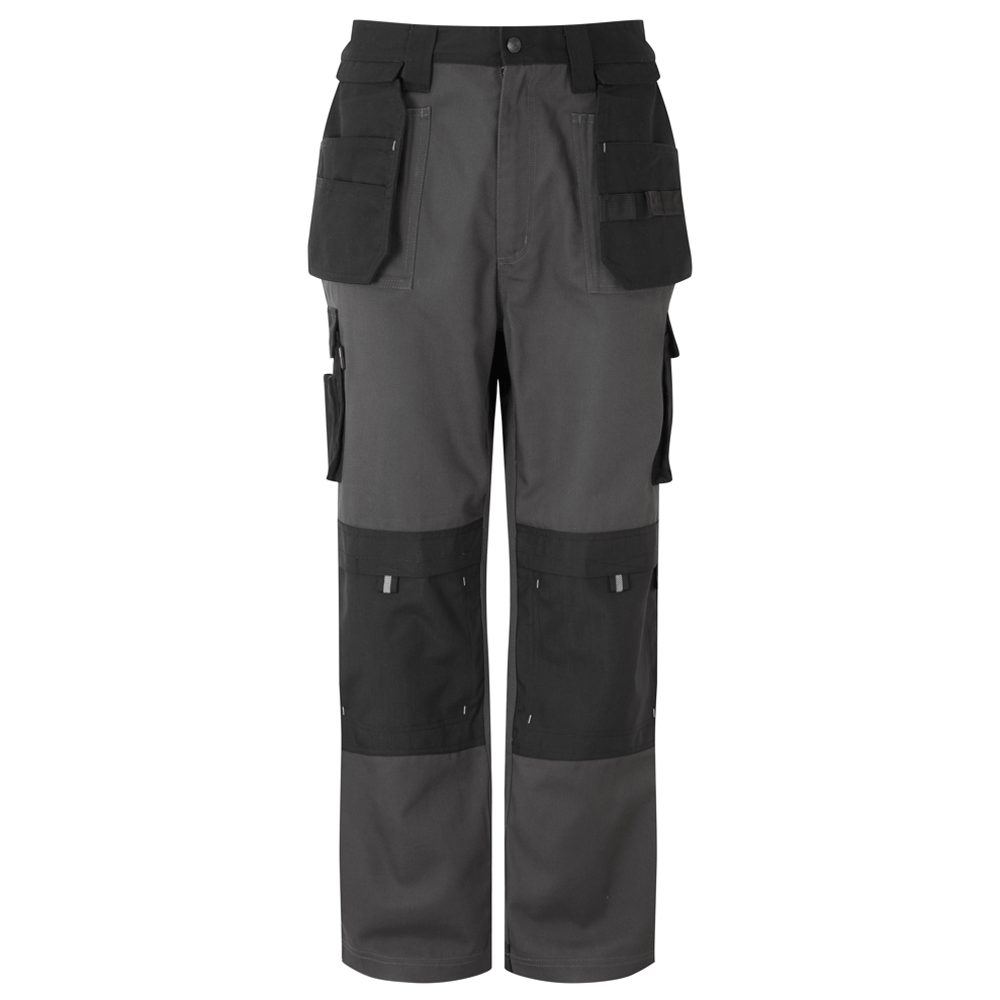 Grey work trousers with cargo pockets, knee-pad panels, and reflective bands