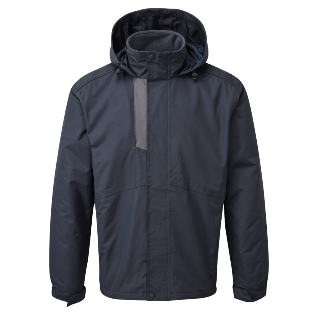 Navy waterproof hooded jacket with front zip and drawstring hood