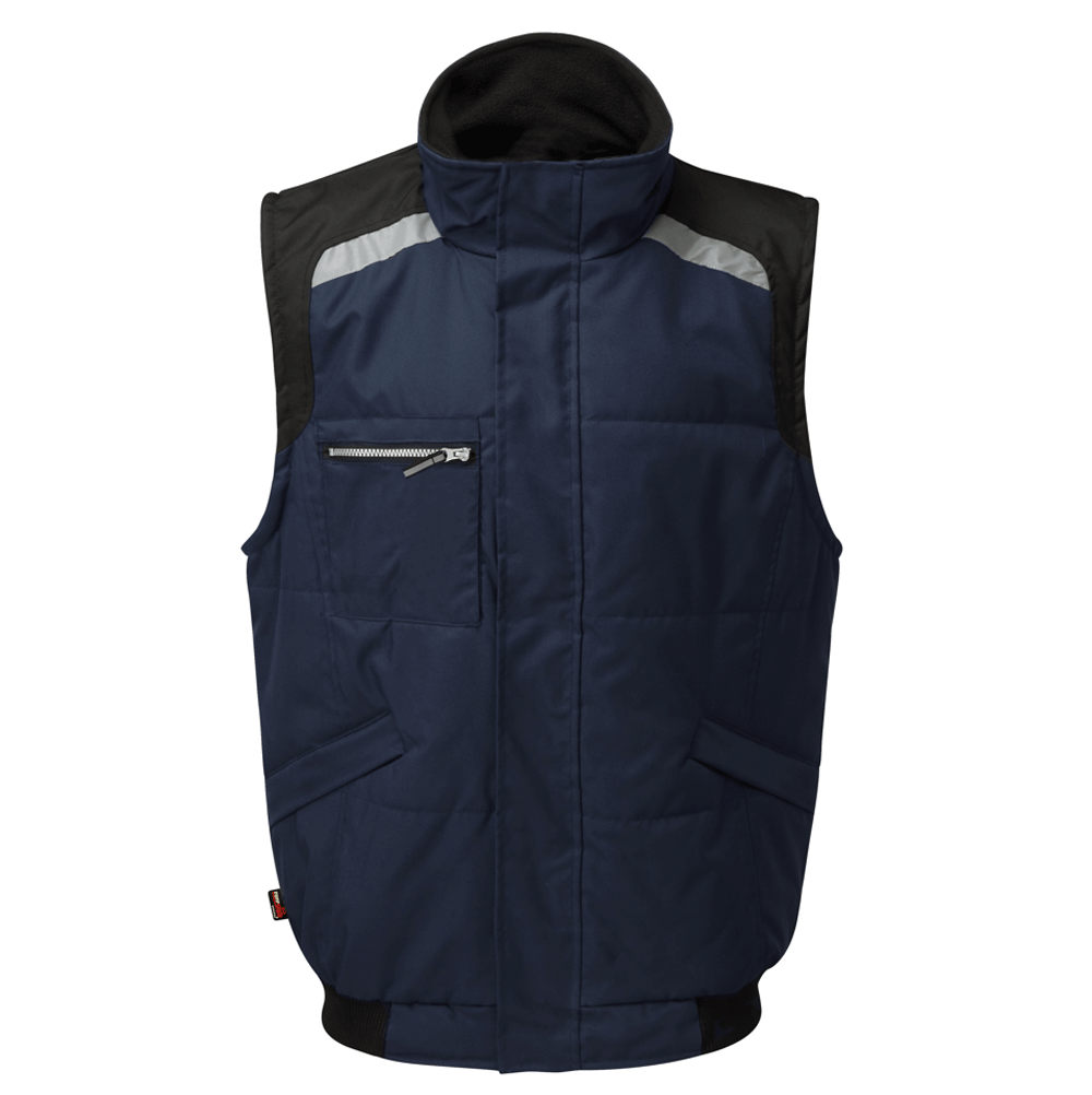 Navy blue quilted bodywarmer vest with full-zip and hooded collar