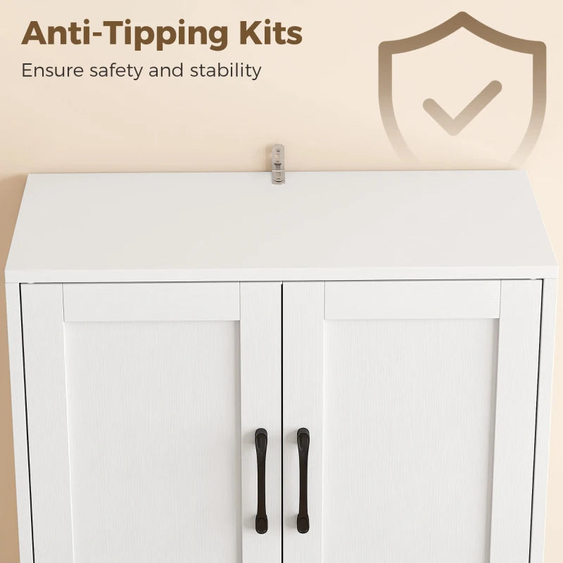 White pantry cabinet top with anti-tipping hardware and double door fronts