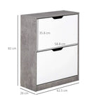 Grey and white two-drawer shoe cabinet with groove pull handles, side profile view