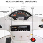 White ride-on scooter dashboard with speed display, USB panel, and power button