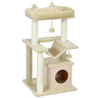 Beige cat tree with hammock, condo, top perch, sisal posts, and hanging toys