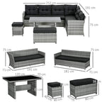 Grey rattan patio corner sofa set layout with dimensions, black cushions, footstools