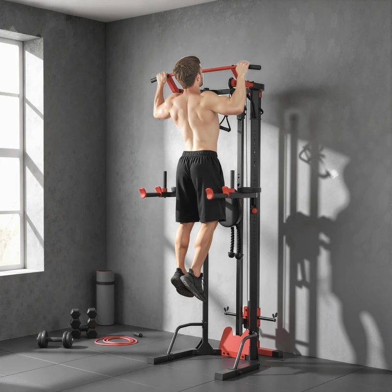 Pull-up power tower with cable lat station and black/red frame, for home workouts.