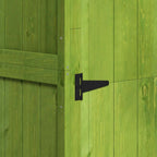 Dark green wooden shed door latch and hinge hardware in close-up