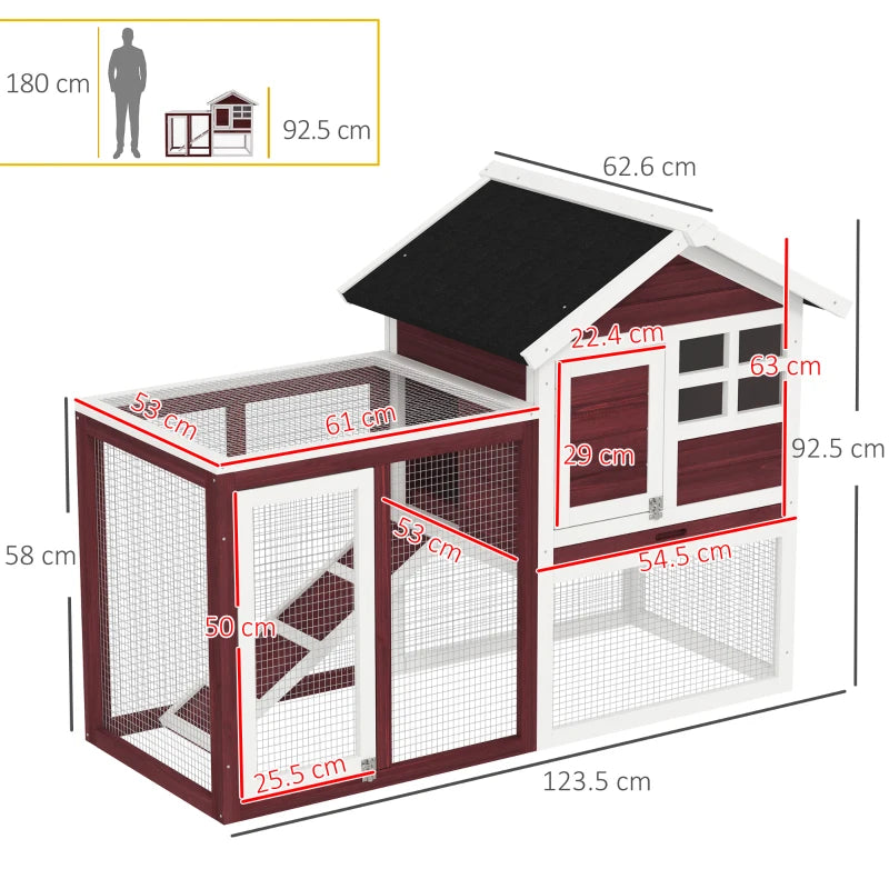 Small animal hutch with outdoor run, black roof, mesh sides, open door, white trim
