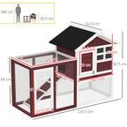 Small animal hutch with outdoor run, black roof, mesh sides, open door, white trim