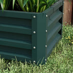 Green steel planter box side close-up with rivets and raised edge