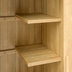 Interior of natural wood storage shed with two tier wooden shelves